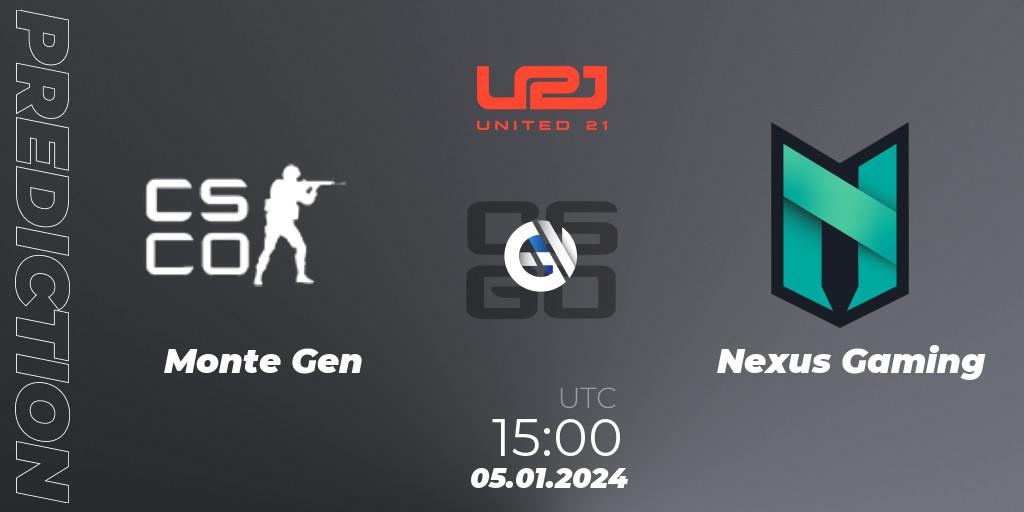 Monte Gen - Nexus Gaming: ennuste. 05.01.2024 at 15:00, Counter-Strike (CS2), United21 Season 10
