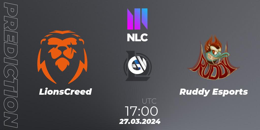LionsCreed - Ruddy Esports: ennuste. 27.03.2024 at 17:00, LoL, NLC 1st Division Spring 2024