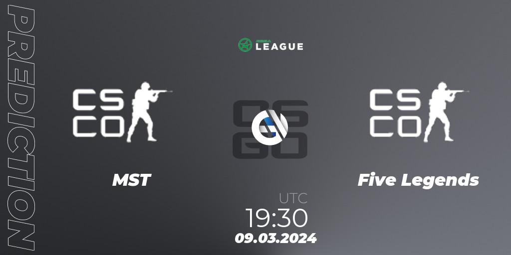 MST - Five Legends: ennuste. 09.03.2024 at 19:30, Counter-Strike (CS2), ESEA Season 48: Main Division - Europe