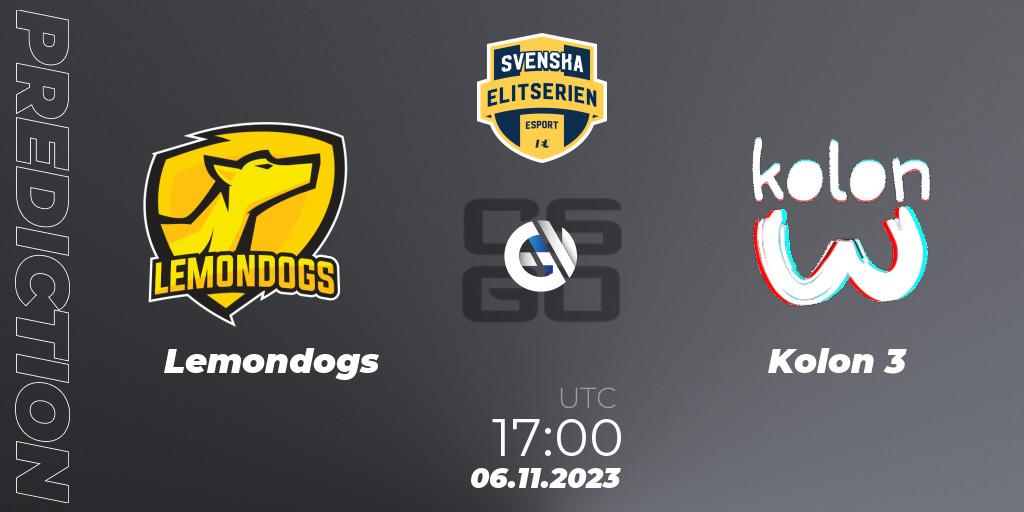 Lemondogs - Kolon 3: ennuste. 06.11.2023 at 17:00, Counter-Strike (CS2), Svenska Elitserien Fall 2023: Online Stage