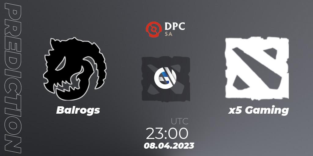 Balrogs - x5 Gaming: ennuste. 08.04.2023 at 23:40, Dota 2, DPC 2023 Tour 2: SA Division II (Lower)