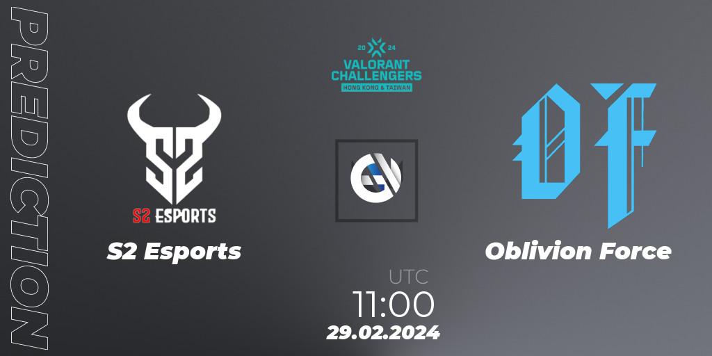 S2 Esports - Oblivion Force: ennuste. 29.02.2024 at 11:00, VALORANT, VALORANT Challengers Hong Kong and Taiwan 2024: Split 1