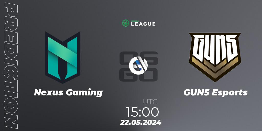 Nexus Gaming - GUN5 Esports: ennuste. 22.05.2024 at 15:00, Counter-Strike (CS2), ESEA Season 49: Advanced Division - Europe