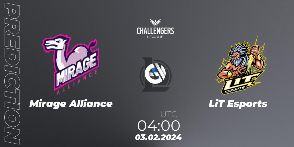 Mirage Alliance - LiT Esports: ennuste. 03.02.2024 at 04:00, LoL, NACL 2024 Spring - Group Stage