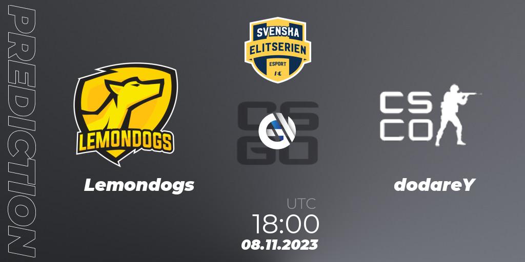 Lemondogs - dodareY: ennuste. 08.11.2023 at 18:00, Counter-Strike (CS2), Svenska Elitserien Fall 2023: Online Stage