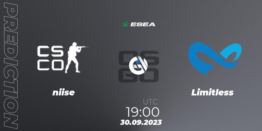niise - Limitless: ennuste. 01.10.2023 at 00:00, Counter-Strike (CS2), ESEA Advanced Season 46 North America