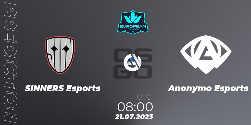 SINNERS Esports - Anonymo Esports: ennuste. 21.07.2023 at 08:00, Counter-Strike (CS2), European Pro League Season 9