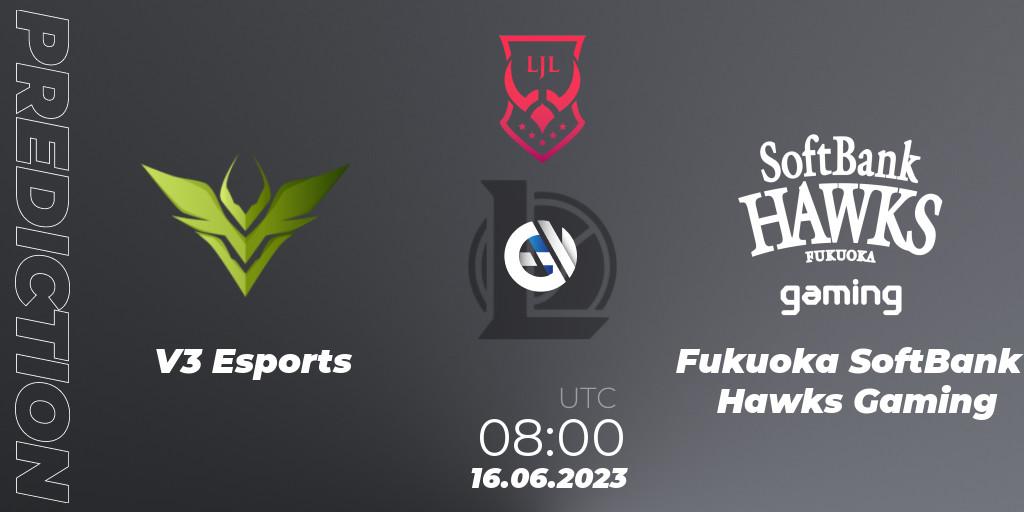 V3 Esports - Fukuoka SoftBank Hawks Gaming: ennuste. 16.06.2023 at 08:00, LoL, LJL Summer 2023