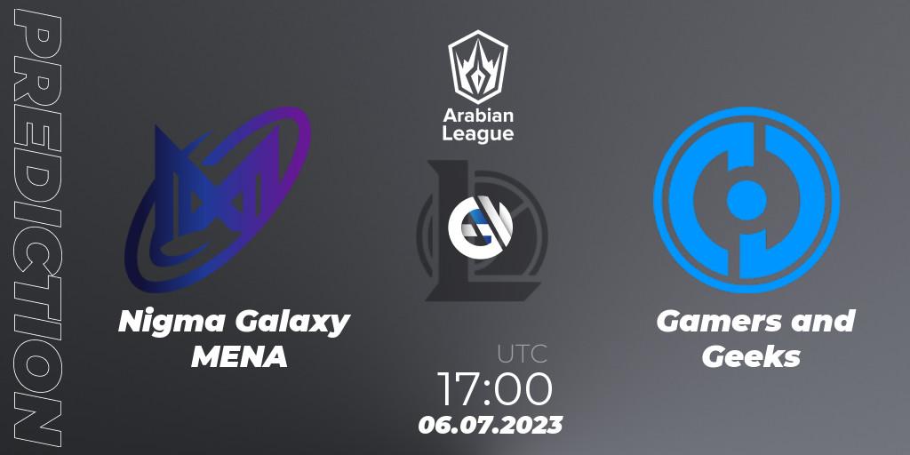 Nigma Galaxy MENA - Gamers and Geeks: ennuste. 06.07.2023 at 17:00, LoL, Arabian League Summer 2023 - Group Stage