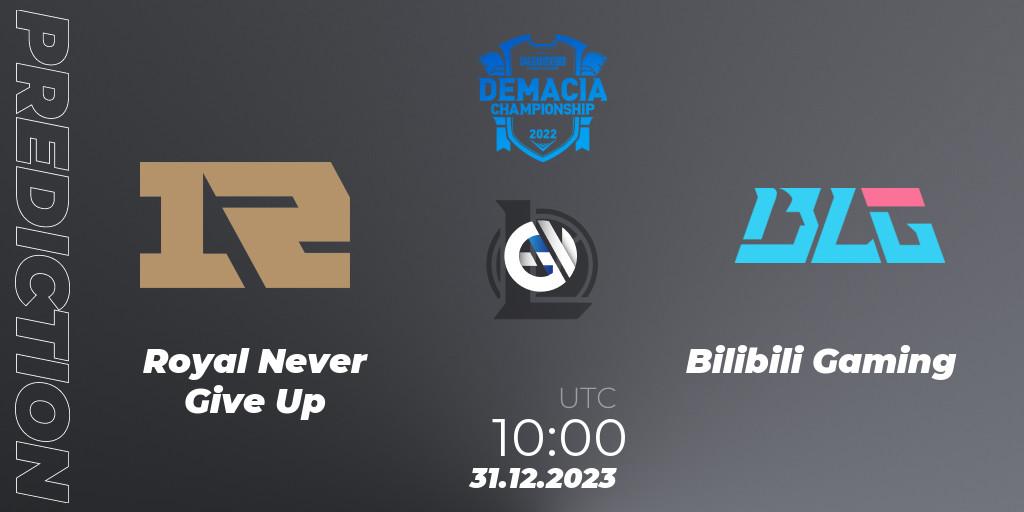 Royal Never Give Up - Bilibili Gaming: ennuste. 31.12.2023 at 10:00, LoL, Demacia Cup 2023 Playoffs