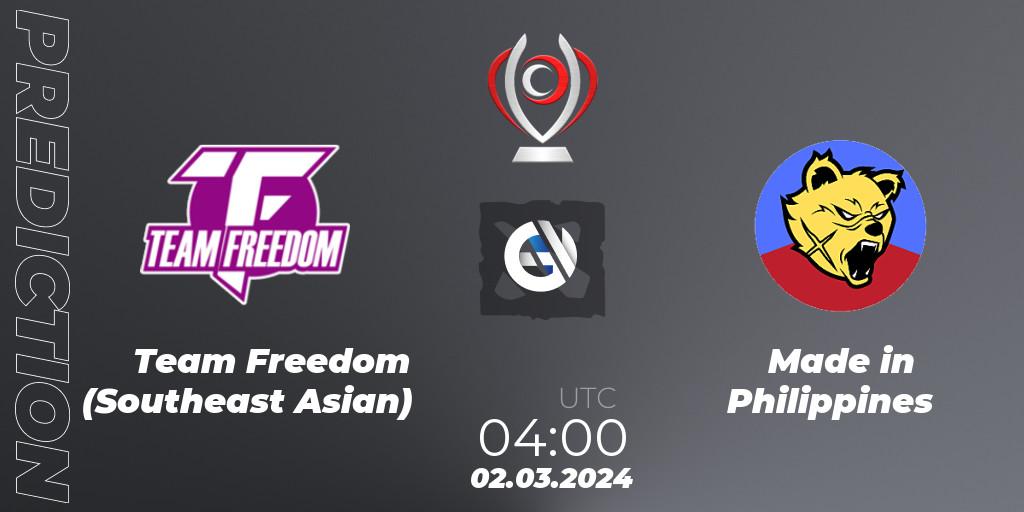 Team Freedom (Southeast Asian) - Made in Philippines: ennuste. 02.03.2024 at 04:05, Dota 2, Opus League