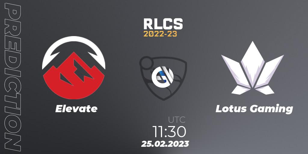 Elevate - Lotus Gaming: ennuste. 25.02.2023 at 11:30, Rocket League, RLCS 2022-23 - Winter: Asia-Pacific Regional 3 - Winter Invitational