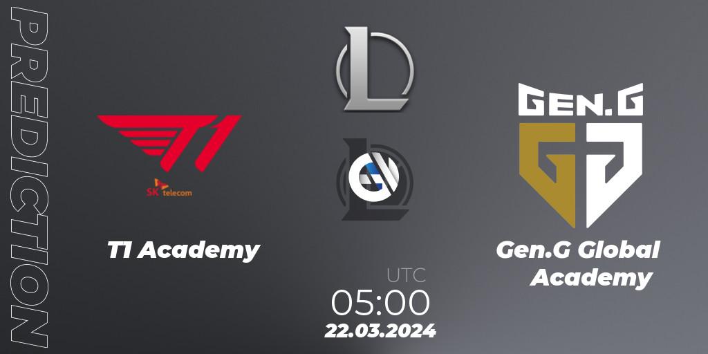 T1 Academy - Gen.G Global Academy: ennuste. 22.03.2024 at 05:00, LoL, LCK Challengers League 2024 Spring - Group Stage