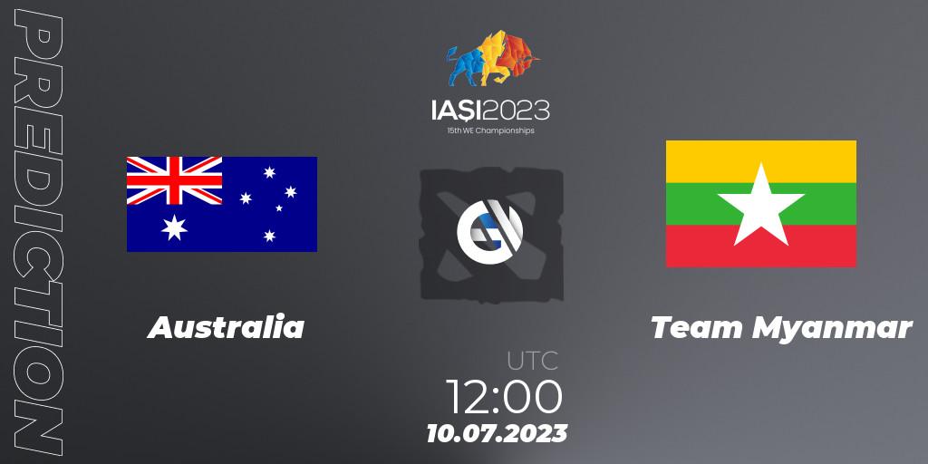 Australia - Team Myanmar: ennuste. 10.07.2023 at 13:00, Dota 2, Gamers8 IESF Asian Championship 2023