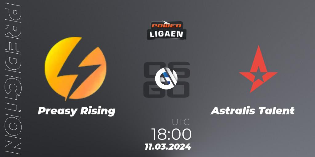Preasy Rising - Astralis Talent: ennuste. 11.03.2024 at 18:00, Counter-Strike (CS2), Dust2.dk Ligaen Season 25
