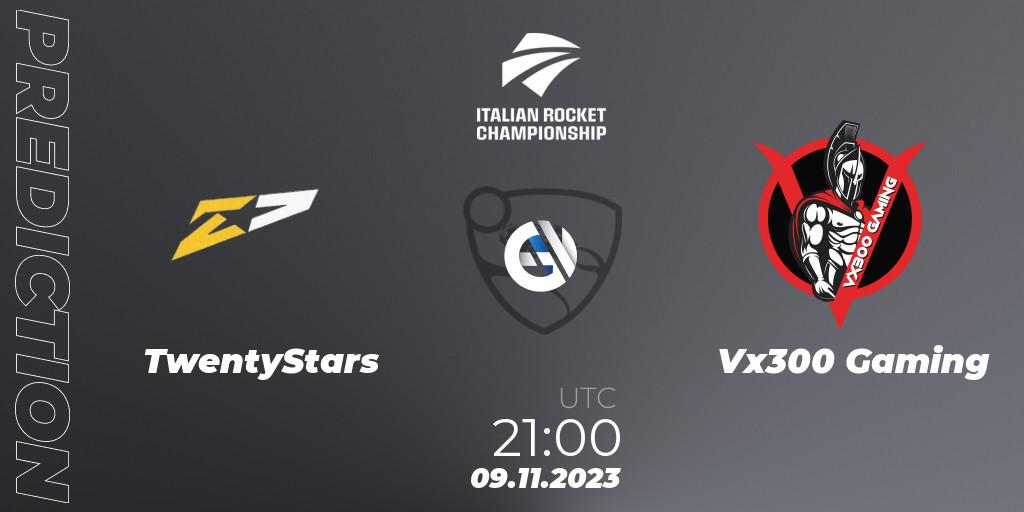 TwentyStars - Vx300 Gaming: ennuste. 09.11.2023 at 21:00, Rocket League, Italian Rocket Championship Season 11Serie A Relegation