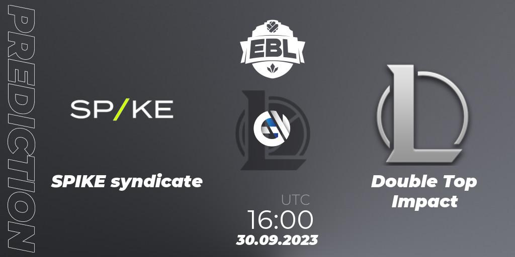SPIKE syndicate - Double Top Impact: ennuste. 30.09.2023 at 16:00, LoL, Esports Balkan League Pro-Am 2023