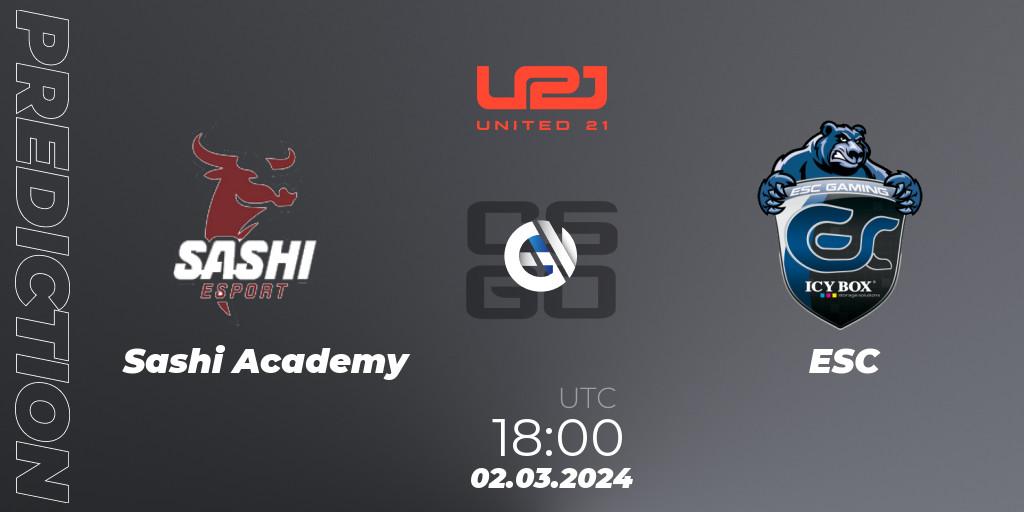 Sashi Academy - ESC: ennuste. 02.03.2024 at 18:00, Counter-Strike (CS2), United21 Season 11: Division 2