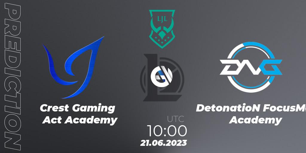 Crest Gaming Act Academy - DetonatioN FocusMe Academy: ennuste. 21.06.2023 at 10:15, LoL, LJL Academy 2023 - Group Stage
