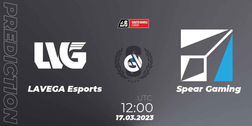 LAVEGA Esports - Spear Gaming: ennuste. 17.03.2023 at 12:00, Rainbow Six, South Korea League 2023 - Stage 1