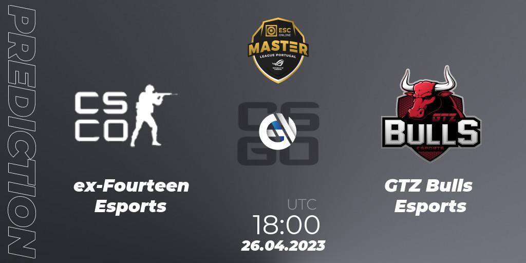 ex-Fourteen Esports - GTZ Bulls Esports: ennuste. 26.04.2023 at 18:00, Counter-Strike (CS2), Master League Portugal Season 11: Online Stage