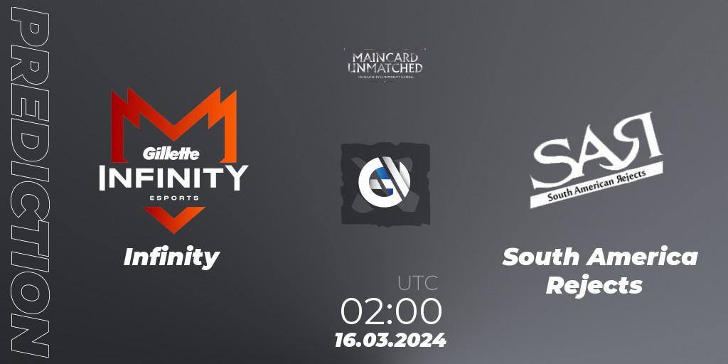 Infinity - South America Rejects: ennuste. 14.03.2024 at 22:00, Dota 2, Maincard Unmatched - March