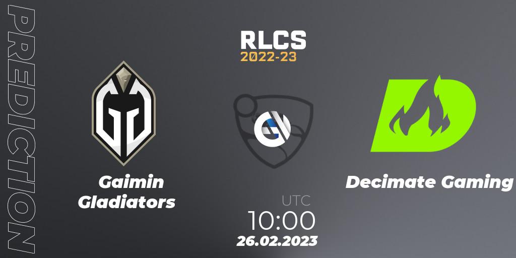 Gaimin Gladiators - Decimate Gaming: ennuste. 26.02.2023 at 10:00, Rocket League, RLCS 2022-23 - Winter: Asia-Pacific Regional 3 - Winter Invitational