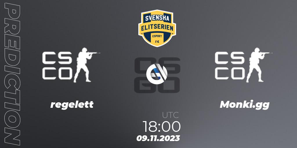 regelett - Monki.gg: ennuste. 09.11.2023 at 18:00, Counter-Strike (CS2), Svenska Elitserien Fall 2023: Online Stage