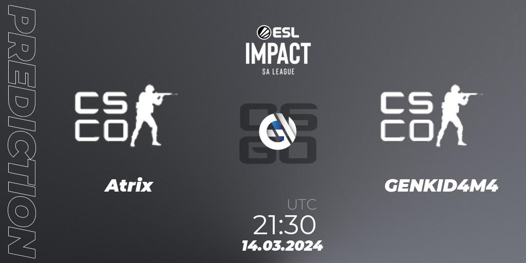 Atrix - GENKID4M4: ennuste. 14.03.2024 at 21:30, Counter-Strike (CS2), ESL Impact League Season 5: South America