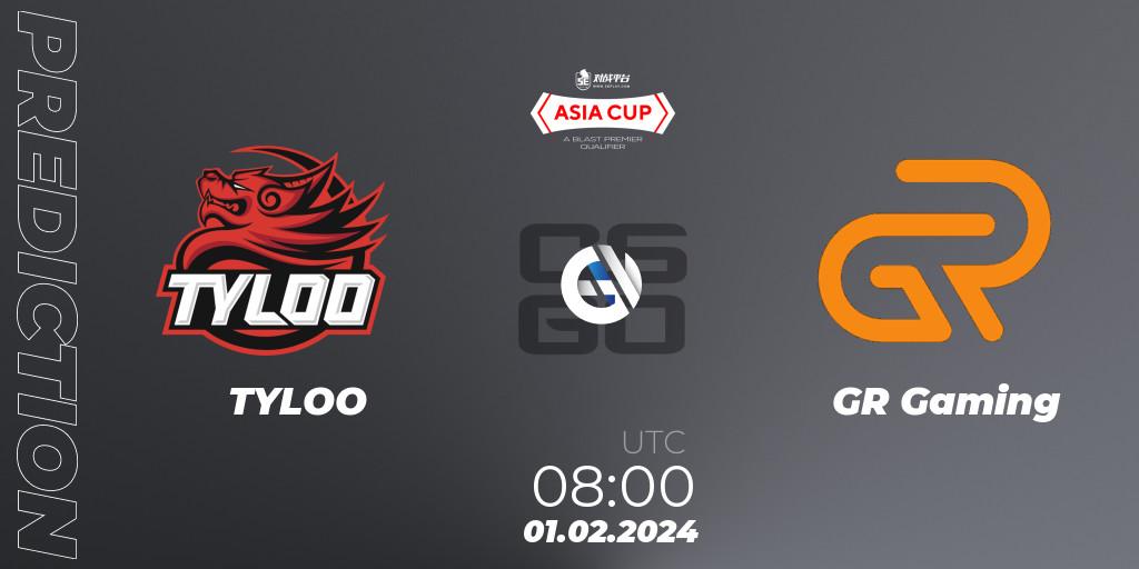 TYLOO - GR Gaming: ennuste. 01.02.2024 at 08:00, Counter-Strike (CS2), 5E Arena Asia Cup Spring 2024 - BLAST Premier Qualifier