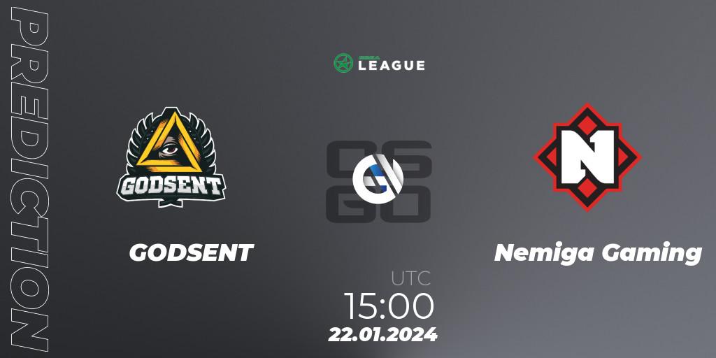 GODSENT - Nemiga Gaming: ennuste. 24.01.2024 at 15:00, Counter-Strike (CS2), ESEA Season 48: Advanced Division - Europe