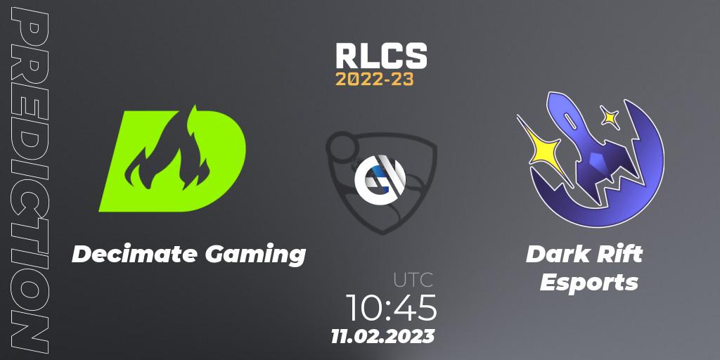 Decimate Gaming - Dark Rift Esports: ennuste. 11.02.2023 at 10:45, Rocket League, RLCS 2022-23 - Winter: Asia-Pacific Regional 2 - Winter Cup
