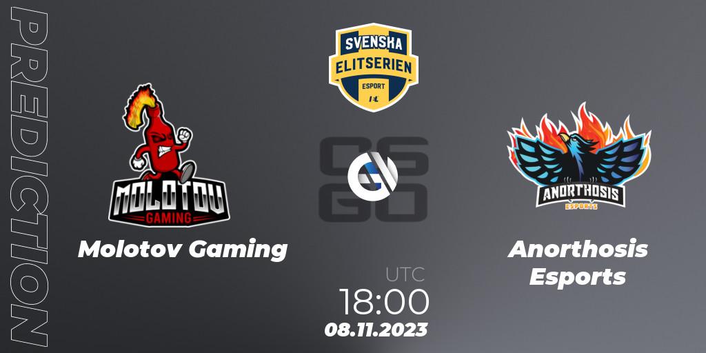 Molotov Gaming - Anorthosis Esports: ennuste. 08.11.2023 at 18:00, Counter-Strike (CS2), Svenska Elitserien Fall 2023: Online Stage