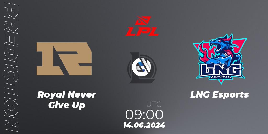 Royal Never Give Up - LNG Esports: ennuste. 14.06.2024 at 09:00, LoL, LPL 2024 Summer - Group Stage