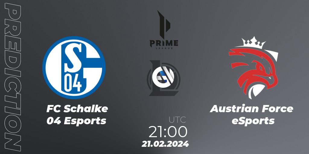 FC Schalke 04 Esports - Austrian Force eSports: ennuste. 18.01.2024 at 21:00, LoL, Prime League Spring 2024 - Group Stage