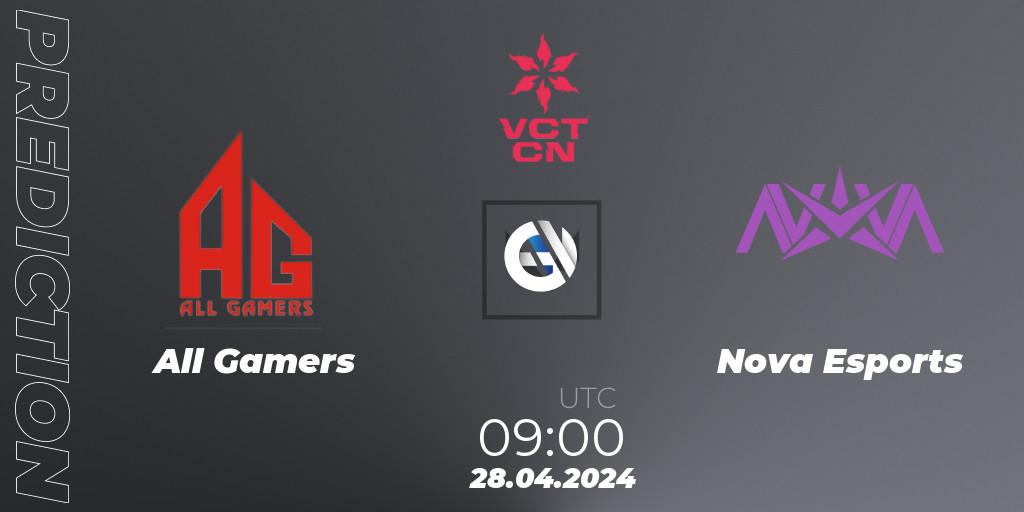 All Gamers - Nova Esports: ennuste. 28.04.2024 at 09:10, VALORANT, VALORANT Champions Tour China 2024: Stage 1 - Group Stage