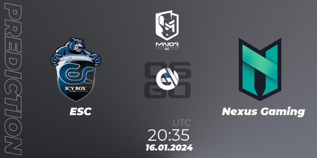 ESC - Nexus Gaming: ennuste. 16.01.2024 at 20:40, Counter-Strike (CS2), PGL CS2 Major Copenhagen 2024 Europe RMR Open Qualifier 4
