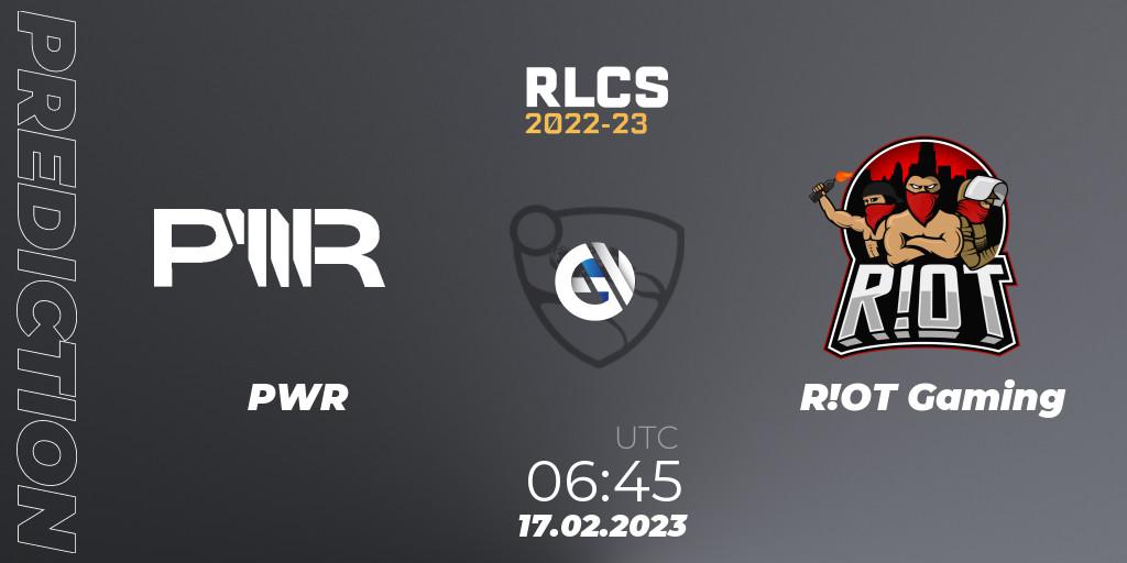 PWR - R!OT Gaming: ennuste. 17.02.2023 at 06:45, Rocket League, RLCS 2022-23 - Winter: Oceania Regional 2 - Winter Cup