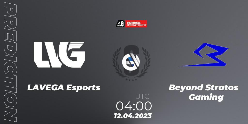 LAVEGA Esports - Beyond Stratos Gaming: ennuste. 12.04.2023 at 04:00, Rainbow Six, South Korea League 2023 - Stage 1 - Last Chance Qualifiers