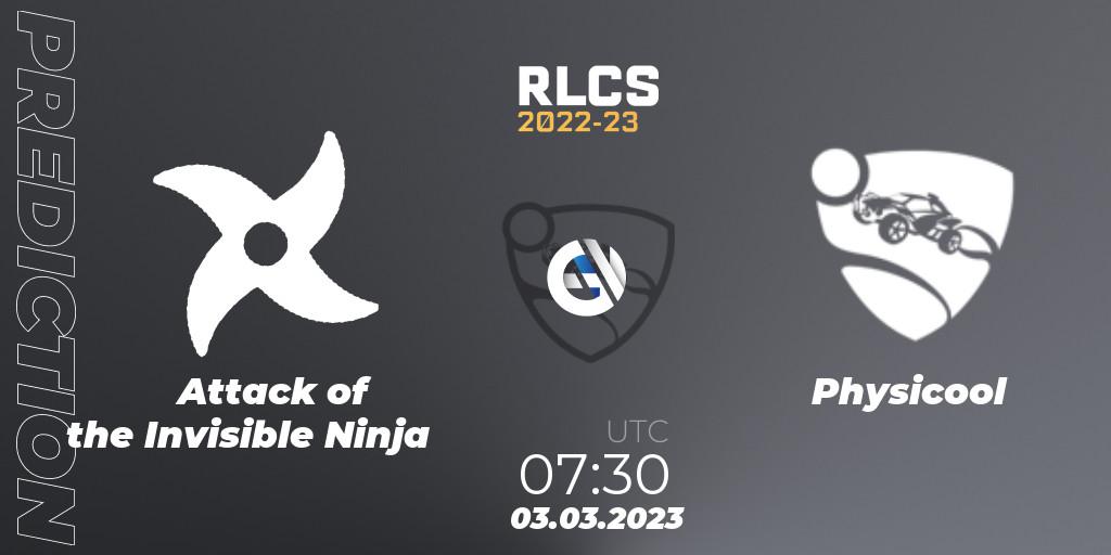Attack of the Invisible Ninja - Physicool: ennuste. 03.03.2023 at 07:30, Rocket League, RLCS 2022-23 - Winter: Oceania Regional 3 - Winter Invitational