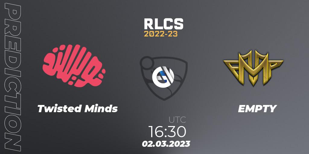 Twisted Minds - EMPTY: ennuste. 02.03.2023 at 16:30, Rocket League, RLCS 2022-23 - Winter: Middle East and North Africa Regional 3 - Winter Invitational