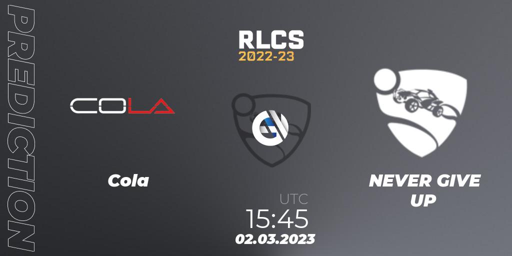 Cola - NEVER GIVE UP: ennuste. 02.03.2023 at 15:45, Rocket League, RLCS 2022-23 - Winter: Middle East and North Africa Regional 3 - Winter Invitational