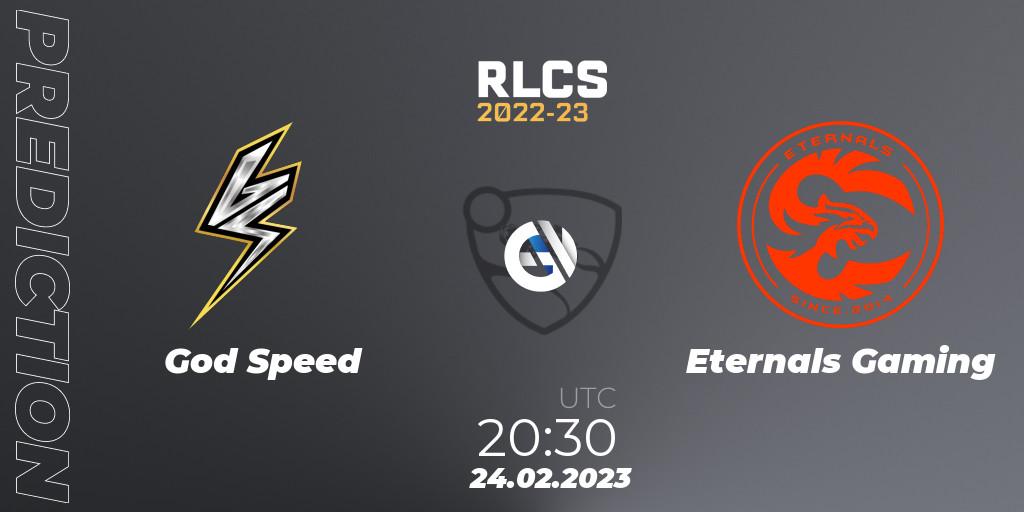 God Speed - Eternals Gaming: ennuste. 24.02.2023 at 20:30, Rocket League, RLCS 2022-23 - Winter: South America Regional 3 - Winter Invitational