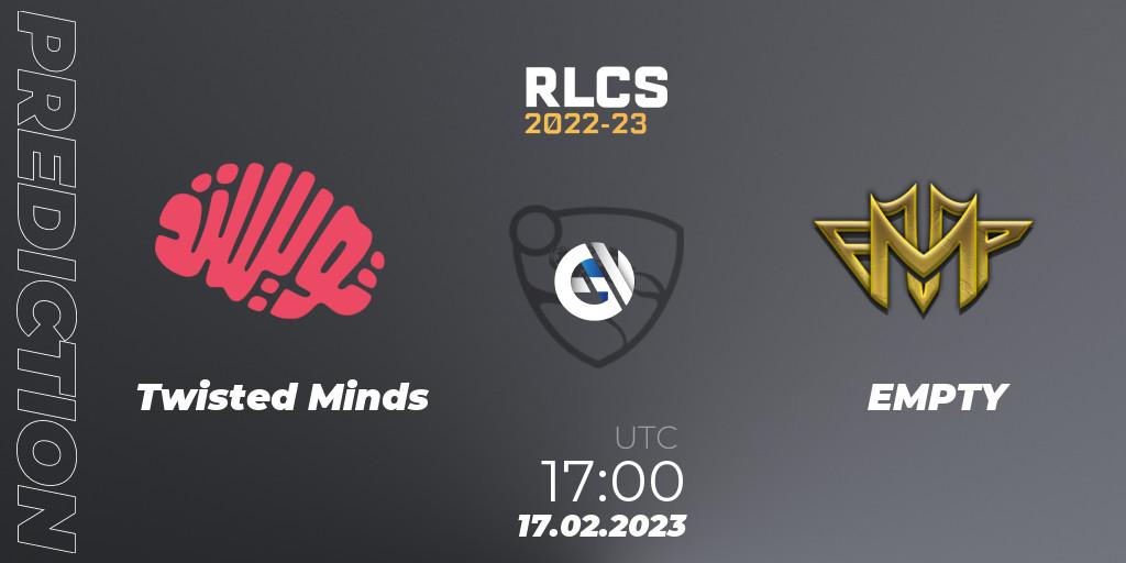 Twisted Minds - EMPTY: ennuste. 17.02.2023 at 17:10, Rocket League, RLCS 2022-23 - Winter: Middle East and North Africa Regional 2 - Winter Cup
