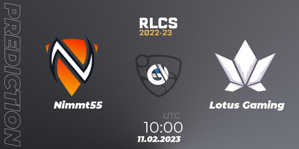 Nimmt55 - Lotus Gaming: ennuste. 11.02.2023 at 10:00, Rocket League, RLCS 2022-23 - Winter: Asia-Pacific Regional 2 - Winter Cup