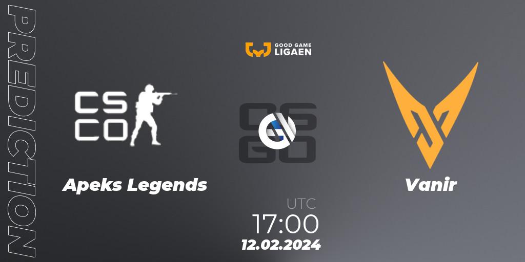 Apeks Legends - Vanir: ennuste. 12.02.2024 at 17:00, Counter-Strike (CS2), Good Game-ligaen Spring 2024