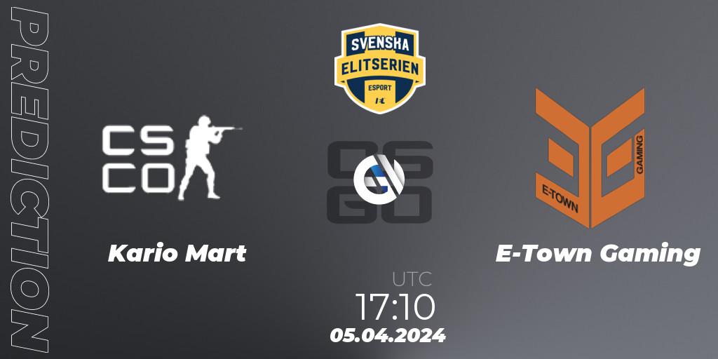 Kario Mart - E-Town Gaming: ennuste. 05.04.2024 at 17:10, Counter-Strike (CS2), Svenska Elitserien Spring 2024