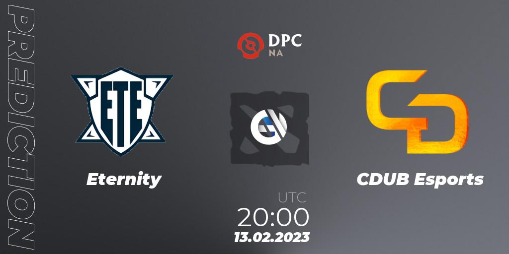 Eternity - CDUB Esports: ennuste. 13.02.2023 at 19:54, Dota 2, DPC 2022/2023 Winter Tour 1: NA Division II (Lower)