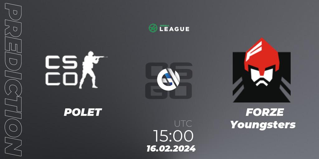 POLET - FORZE Youngsters: ennuste. 16.02.2024 at 15:00, Counter-Strike (CS2), ESEA Season 48: Advanced Division - Europe