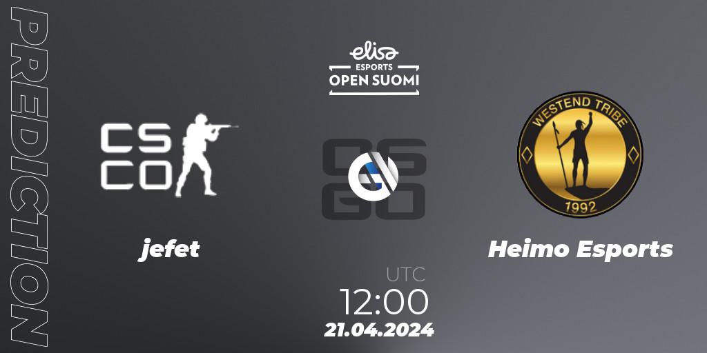 jefet - Heimo Esports: ennuste. 21.04.2024 at 12:00, Counter-Strike (CS2), Elisa Open Suomi Season 6